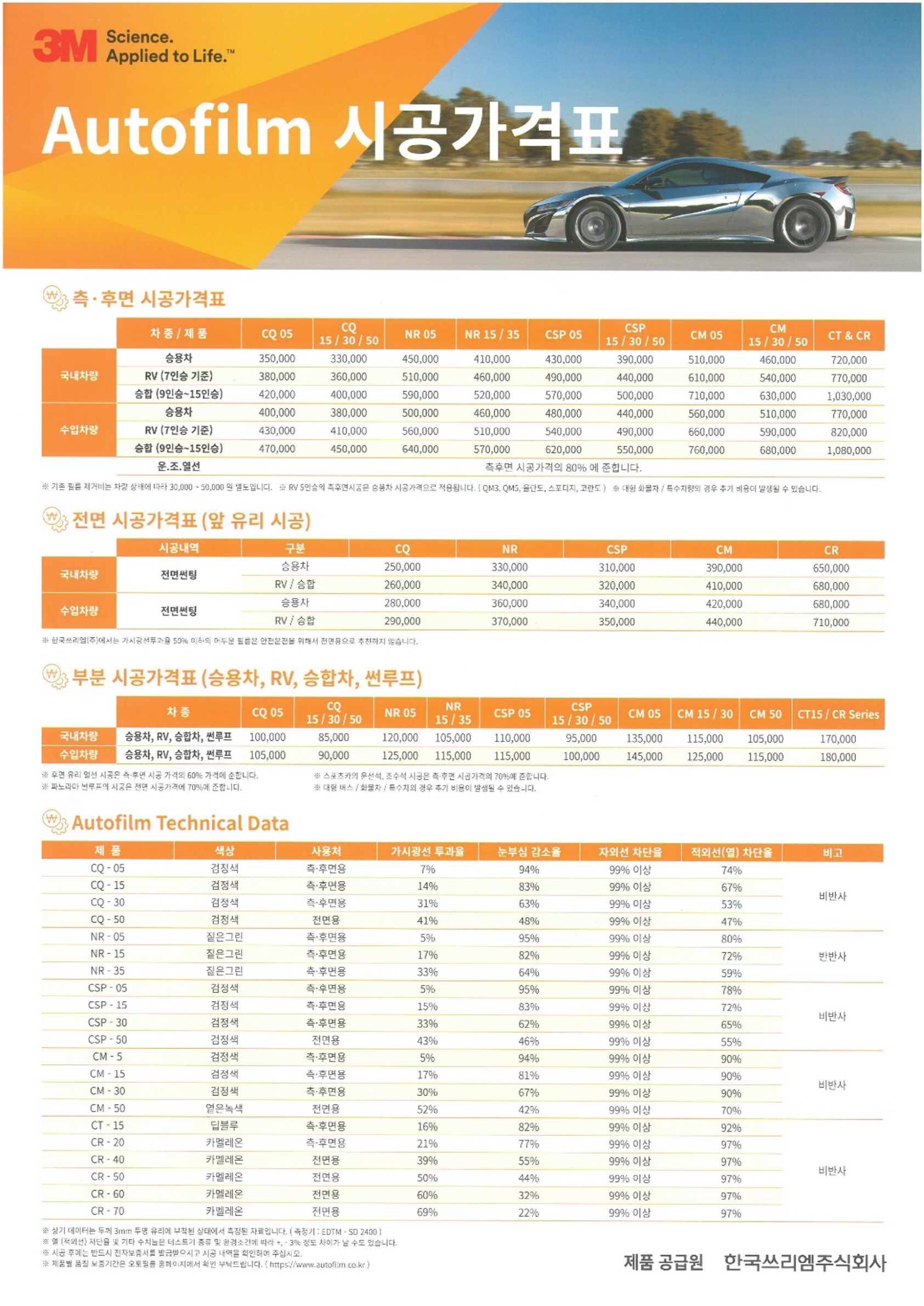 3M 세라믹 IR 시공가격표 이미지2